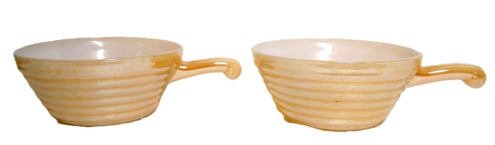 Fire King Peach Luster Handled Soup Bowls Set of 2 Ribbed Milk Glass Ovenware